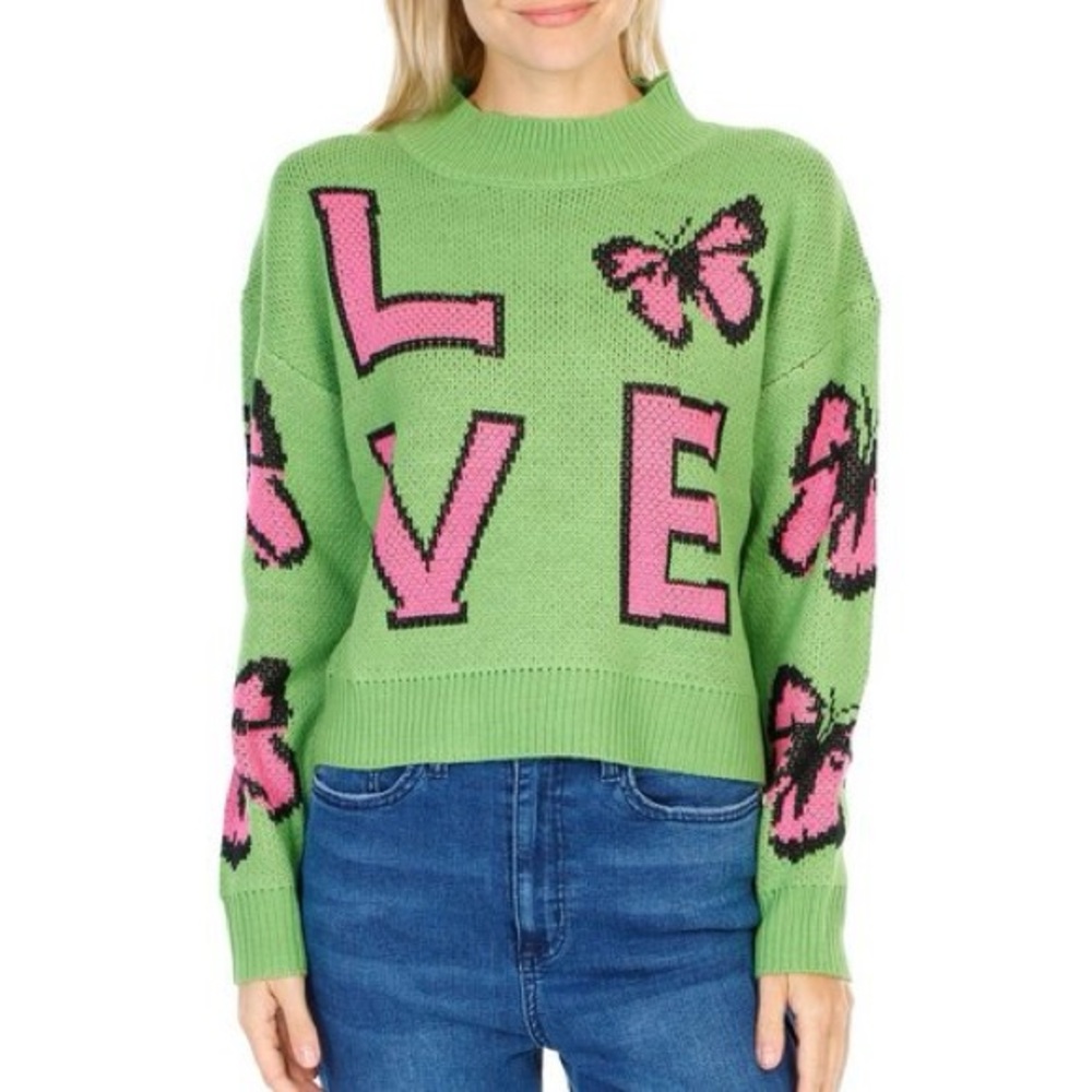 Aqua Blues Green Pink Butterfly Love Sweater Long Sleeve Cropped Size Large NWT